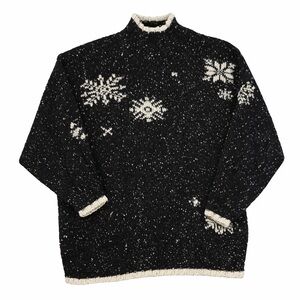 Vintage Christmas Snowflake Sweater Oversized Knit Black White Medium